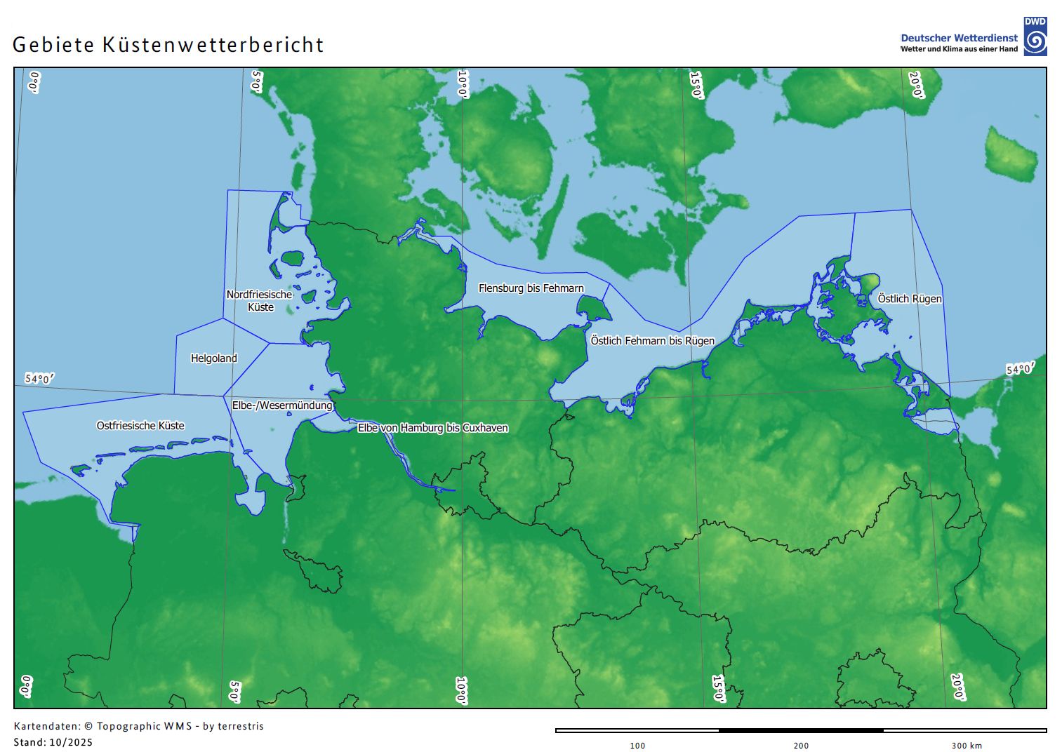 Übersichtskarte der Küstengebiete des Küstenwetterberichts von der Ems bis zur polnischen Grenze