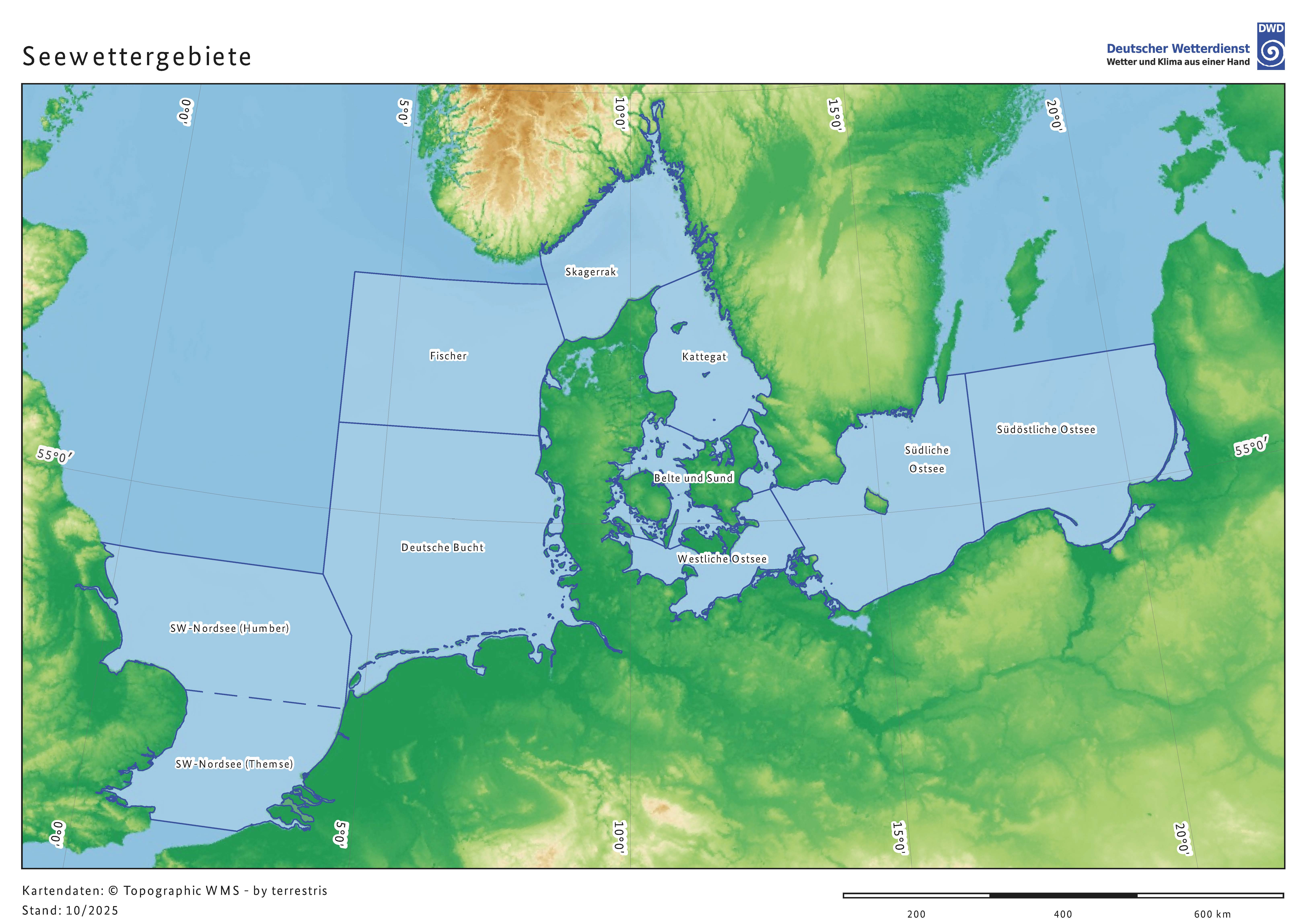 Amtliche Übersichtskarte der Seegebiete des Seewetterberichts mit Deutscher Bucht, Fischer, Skagerrak, Kattegat, Belte und Sund sowie westlicher, südlicher und südöstlicher Ostsee