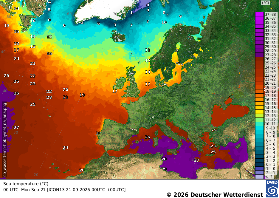 Karte der Meeresoberflächentemperatur für Nordatlantik, Nord- und Ostsee